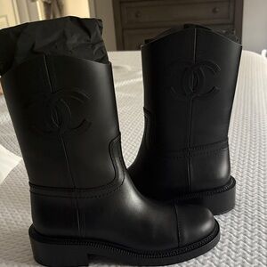CHANEL Black Leather Mid-Calf Boots